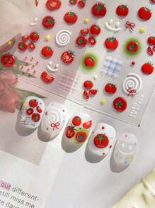 1片中式番茄果冻美甲贴纸，透明亮面自粘美甲装饰，可爱番茄绿叶图案，适合日常美甲美足，趣味装饰