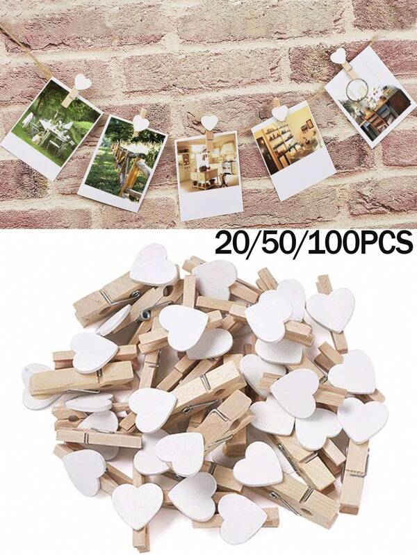 20/50/100pcs White Heart Clothespins Wooden Photo Paper Peg Pin Craft Clips, Clothes Quilt Drying Clips, Paper Photo Display Hanging Home Party Wedding Valentine's Day Decoration