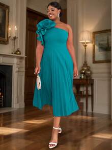 Plus Size One-Shoulder Ruched 3D Rose Graduation Dress, Suitable For Summer, Christmas Party, Valentine's Day, Independence Day - Green - View 6