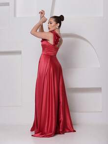 Long Dress For Bridesmaid – One Shoulder With Ruffle And Slit Elegant Simple Elegant Party Satin Side Opening Zipper Pleated Bridesmaid Civil Wedding Debutante Graduate Formal And Evening - 珊瑚粉 - 查看 5