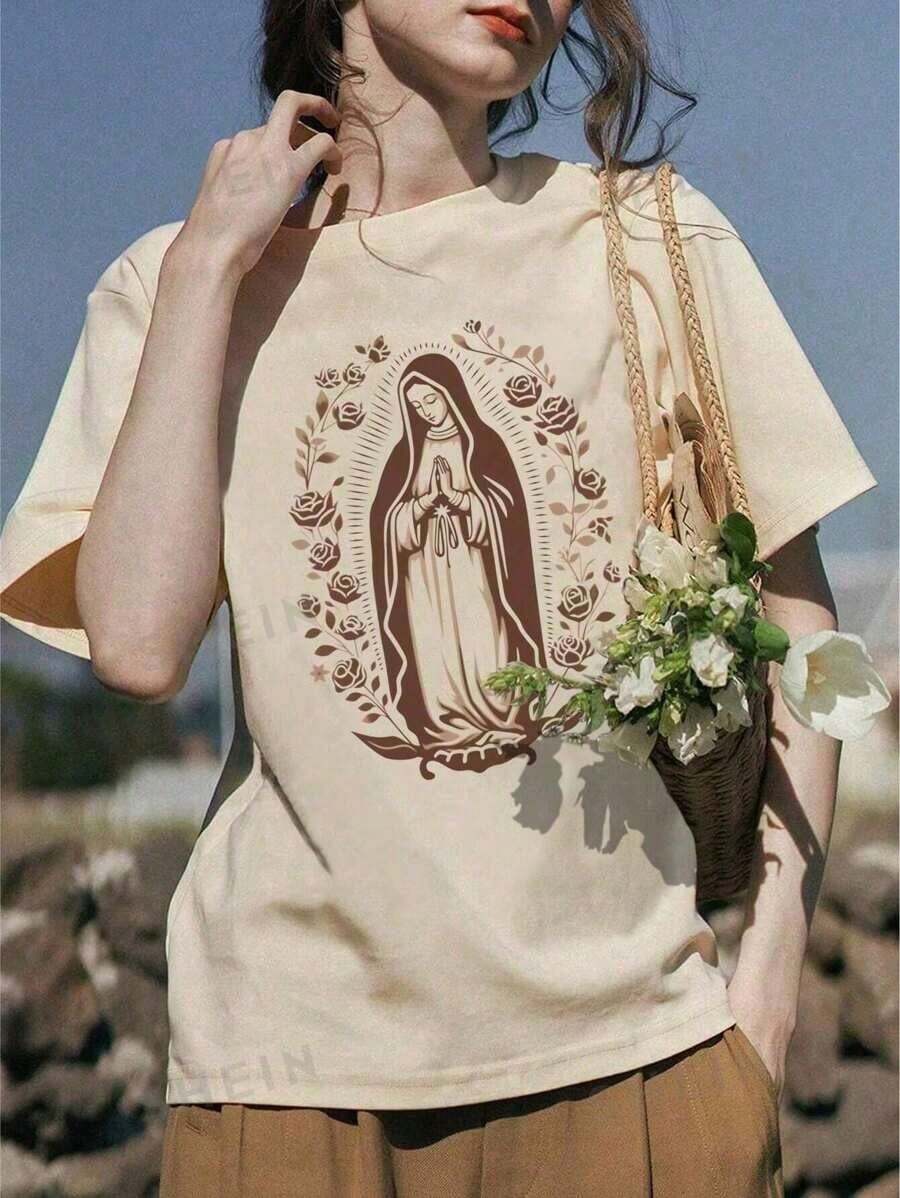 Round Neck T-Shirt With Print Of The Virgin Mary Catholic Religious - Màu Khaki - Xem 1