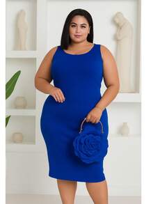 Plus Size Midi Dress With Waist And Modern Casual Shapewear - Royal Blue - View 2