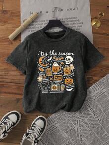 Women's Summer Retro Halloween Pattern Print Round Neck Short Sleeve Simple Casual Daily Black Plus Size Washed T-Shirt Tops, Halloween Autumn Ghost Bohemian Style Print Pattern Women's Tops, Spooky Atmosphere Print Pattern Women's Summer Clothing, Autumn Atmosphere Print Pattern Summer Tops - Black - View 3