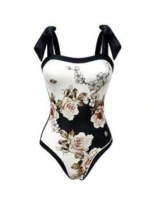 One Piece Bathing Suit For Women With Beach Cover Up Wrap Skirt Swimsuit  Retro Floral Print Bikini Set - 黑色 - 查看 4