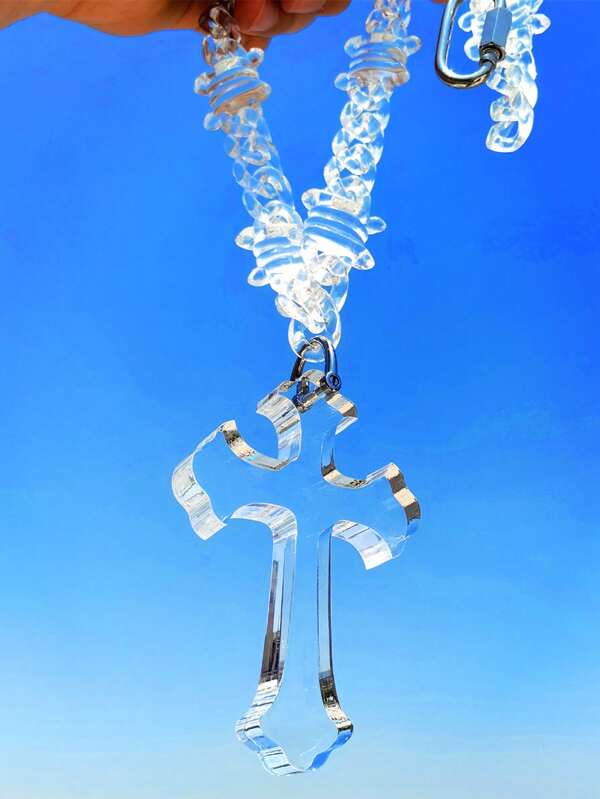 1pc Popular Acrylic Thorn Heart Cuban Link Chain Oversized Cross Pendant Necklace, Suitable For Men's Daily Wear, Gift