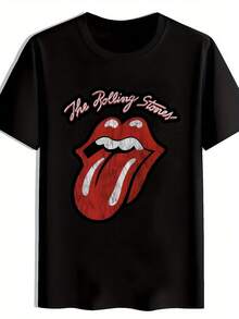 Men'S Retro Rock Band Graphic T-Shirt - Short Sleeve, Crew Neck, Polyester, Summer Casual Top With Bold "Rolling Stonework" Print & Iconic Lips Design, Lightweight & Breathable For Parties, Concerts, And Gifts - 黑色 - 查看 1