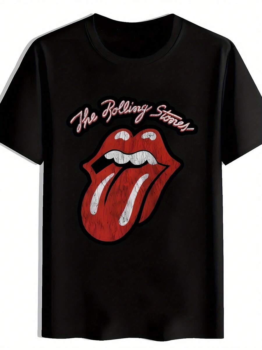 Men'S Retro Rock Band Graphic T-Shirt - Short Sleeve, Crew Neck, Polyester, Summer Casual Top With Bold "Rolling Stonework" Print & Iconic Lips Design, Lightweight & Breathable For Parties, Concerts, And Gifts - 黑色 - 查看 1