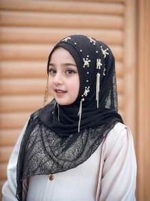 1pc Malaysian Tasseled Solid Color Beaded Floral Shawl Scarf Head Wrap, Elastic Turban Style, Muslim Headwear