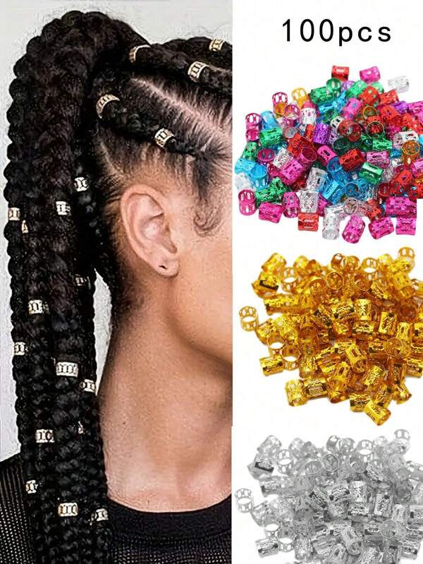 100 pièces/50 pièces Perles colorées pour dreadlocks, bracelets DIY, accessoires de bijouterie. Décorations de cheveux métal hip hop punk, pinces à griffes, pinces à cheveux, barrettes à cheveux
