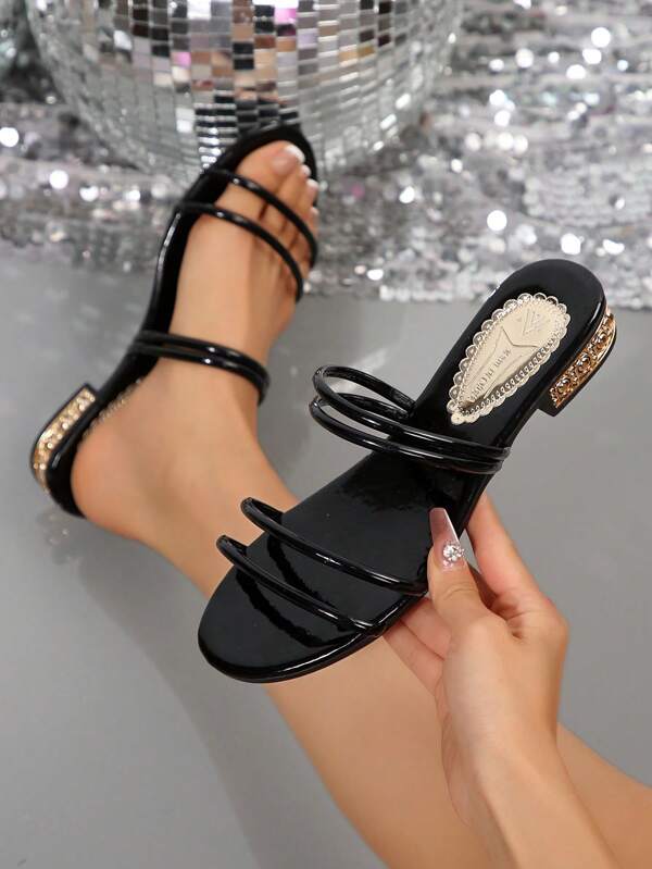 Gold Color Chunky Heel Sandals, Women's Summer Beach Slip-On Mules, Outdoor Thick Heel Sandals, French High-End Beach Shoes