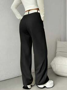 时尚拼接设计直筒裤（黑色） - 黑色 - 查看 3