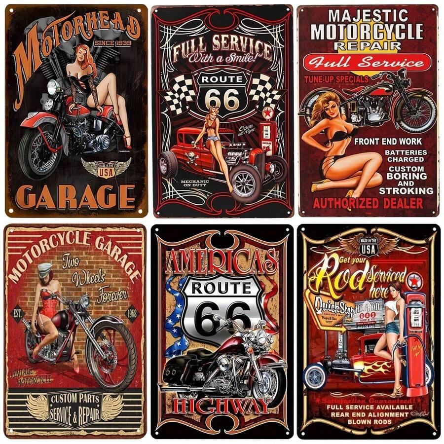 6PCS Vintage Motorcycle Tin Sign Set - Retro Route 66 & Garage Metal Wall Art For Man Cave, Bar, Auto Shop (12x8 Inch) - Rustic Repair, Tune-Up & Americana Decor - 8x12英寸 - 查看 1