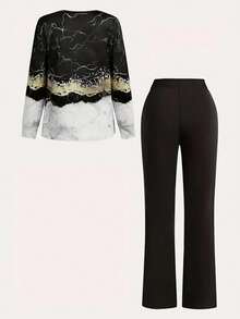 2 Pieces Set: V-Neck Printed Long Sleeve Top And Relaxed Fit Pants, Casual & Elegant - Black - View 2