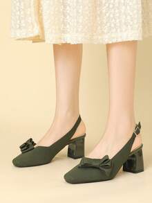 1 Pair Square Toe Slip-On Shoes With Bowknot, Solid Color Backstrap Chunky Heel Pumps For Women, Suitable For Outdoor Walking, Party, Office, Skirts, Casual Pants