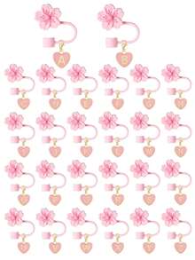 Compatible With Stanley Cup Accessories 2PCS Pink Straw Toppers For Cup Straw Cover Cap, 26 Letters To Choose From Creative Cherry Blossom Straw Cap Cap, Reusable Silicone Straw Cap, Straw Anti-Splash Dustproof Straw Cover, Portable Easy To Clean Insulation Cup Straw Cup Accessories, 10mm Thicker Large Caliber Flower Straw Cap,Glass Cup Straw Cap,Cute Cartoon Flower Straw Dust Cover - Pink - View 3