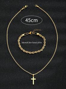一套不锈钢十字架吊坠项链和手链，嘻哈风格青少年饰品，时尚街头配饰，青少年生日礼物 - 金黃色 - 查看 3