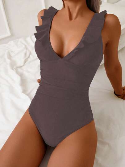 Neuer einteiliger Badeanzug mit Rückenausschnitt, sexy Träger, Flatterrand, 3D-Design im Euro-amerikanischen Stil, Urlaubsmode & Lässig