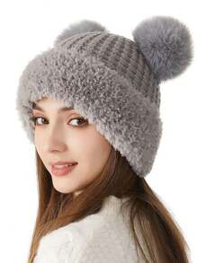 1 Stück süße pelzige Mütze, gestrickte Acryl-Plüsch-Bärenmütze für Frauen, Herbst-/Winteraccessoires