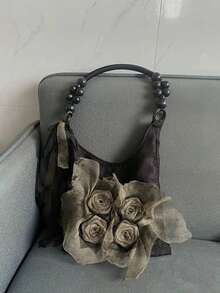 Vintage Chinese Style Batik Rose Flower Pleated Underarm Commute Tote Bag, Large Capacity Shoulder Handbag For Daily Use - Black - View 5