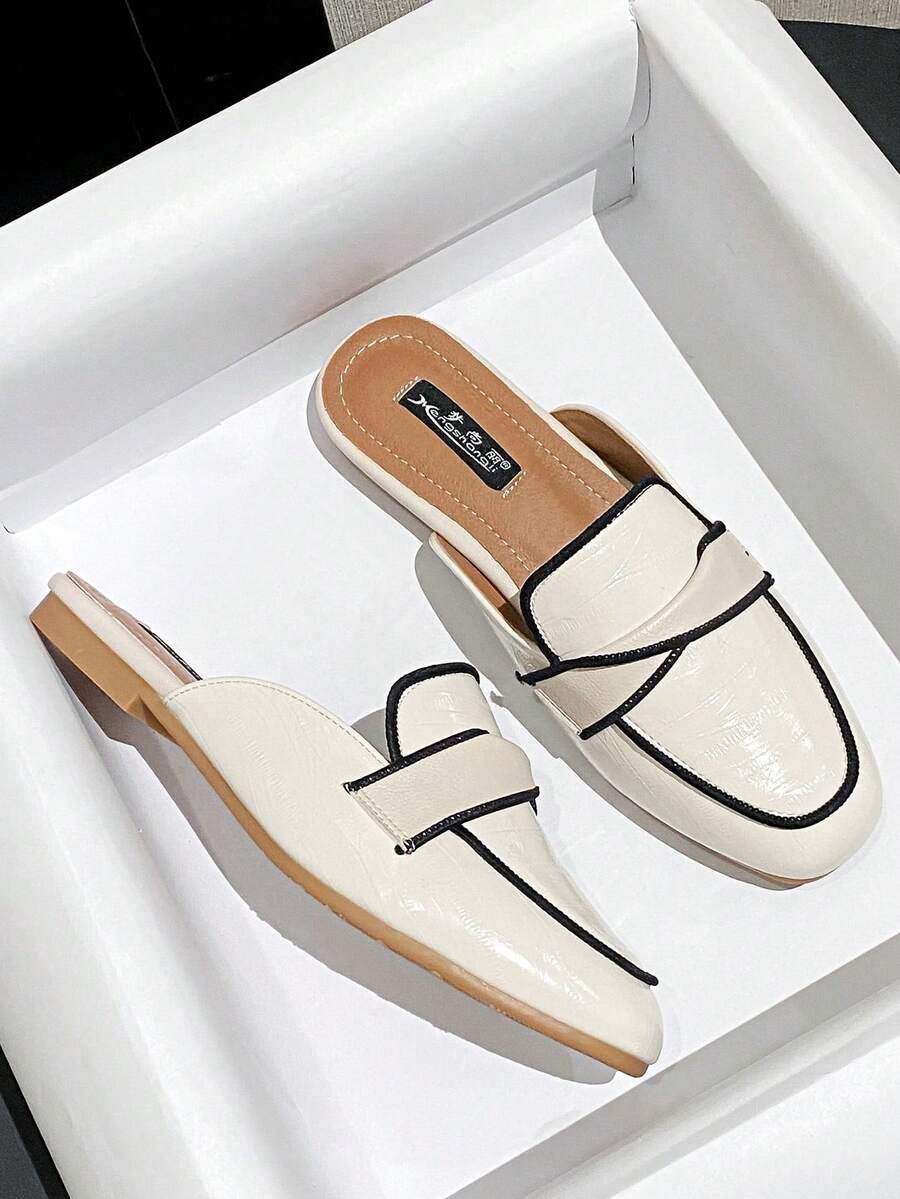 Mengshangli Women's Soft Leather British Style Loafer Mules, Breathable Closed Toe Net Mesh Slip-On Sandals - Beige - View 1