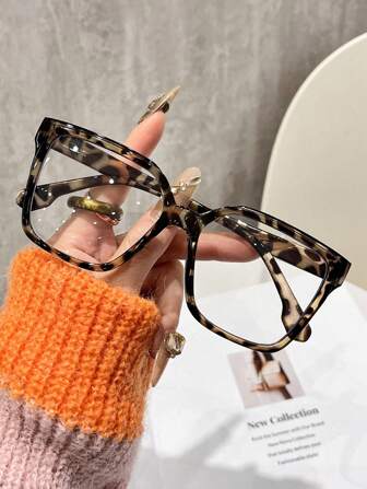 1Pair Women Leopard Print Bohemian PC (Polycarbonate) Square Oversized Transparent Eyeglasses, All Seasons