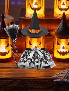 Set fustă scurtă de balet vrăjitoare pentru fete, cu pălărie și mătură, fustă scurtă cu curea elastică pentru dressing de Halloween, prințesă vrăjitoare costumată, violet negru portocaliu, articole de petrecere, decor cameră, cadouri de petrecere pentru copii - Multicolor - Vizualizare 8