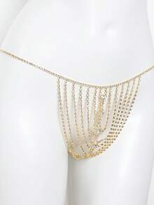 1pc Women's Summer Beach Sexy Tassel AB Rhinestone Decor Bikini Bra And Thong, Nightclub Party Body Chain Fashion Body Jewelry - Gold - View 2