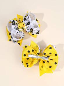 2PCS Girls Bee Bow Hair Clips, Cute Polka-Dot Bow Hairpins, Cute Pink Cow Print Hair Bow,Fashion Flower And Bee Print Hair Bows For Daily And Out, Hair Accessories