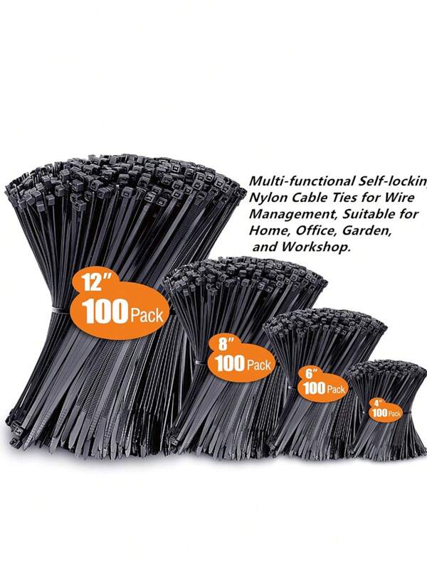 Multi - Functional Self - Locking Nylon Cable Ties Set | 4"/6"/8"/12" Sizes, Ideal For Home, Office, Garden & Workshop, Perfect For Cable Management & Item Bundling