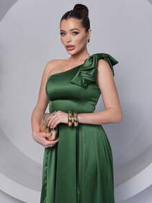 Long Dress For Bridesmaid – One Shoulder With Ruffle And Slit Elegant Simple Elegant Party Satin Side Opening Zipper Pleated Bridesmaid Civil Wedding Debutante Graduate Formal And Evening - 橄欖綠 - 查看 2