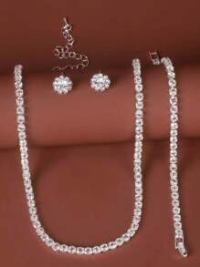 4 件套全水钻精致项链和手链首饰套装，适合女士日常佩戴 - 銀色 - 查看 3