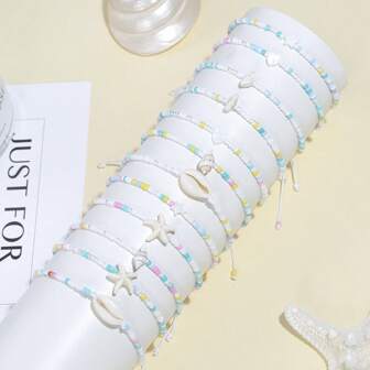 Set de 12 piezas de pulseras de verano con elementos marinos de moda y encanto, como conchas, estrellas de mar y cuentas espaciadoras, pulseras de cuentas de colores mixtos ajustables para mujeres, adecuadas para parejas, uso diario, playa, ciclismo y fotografía, gran regalo para amigas