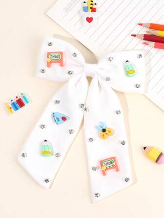 1Pc Back To School Bow Clips For Girls, Pencil Ruler Letter Decor Hair Barrettes, Grosgrain Ribbon Alligator Clips With Tail, Colorful Pigtail Hair Clips With Rhineston, First Day Of School Uniform Outfit Headpiece, Classroom Students Teens Hair Accessories.