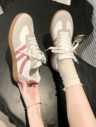 Women's Multifunction Color Block Solid Preppy Style Casual Shoes, Flat Non-Slip Lace-Up Round Toe Rubber Sole Casual Sneakers, Black & Khaki Color Block, Suitable For Daily Wear, Sizes 36-41, Fashion