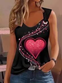 Top sin mangas de escote en V con estampado de corazón 3D para mujer, lavable a máquina, adecuado para actividades al aire libre de verano y uso casual, camisa casual de verano con estampado de corazón