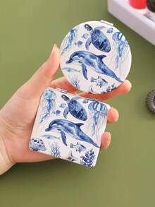 1pc Round/Square Mermaid, Fish, Seafood Cartoon Pattern White PU Foldable Compact Double-Sided Pocket Makeup Mirror, High Definition Hand-Held Touch Up Mirror - Multicolor - View 3