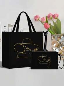 印花手提袋，金色印花女士手提袋套装，手提袋和化妆包，轻便大容量手提袋，可重复使用购物袋，便携式旅行沙滩包（含化妆包），生日礼物，教师节礼物，护士节礼物，周年纪念礼物，最佳礼物，度假风字母设计购物袋 - 彩色 - 查看 1