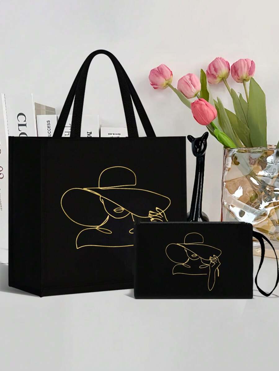 印花手提袋，金色印花女士手提袋套装，手提袋和化妆包，轻便大容量手提袋，可重复使用购物袋，便携式旅行沙滩包（含化妆包），生日礼物，教师节礼物，护士节礼物，周年纪念礼物，最佳礼物，度假风字母设计购物袋 - 彩色 - 查看 1