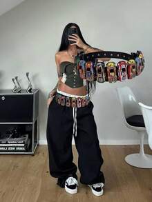 1pc Handmade Nylon Patchwork Racing Car Model Needle Buckle Belt, Casual Streetwear Y2K Punk Chic Style, Color Order Random, Fits Well With Jeans, Pants, Skirts, Versatile For Couples Summer, School Fall, Autumn, Halloween - Multicolor - View 9