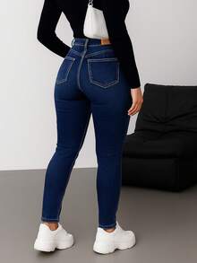 Pantalón skinny de mezclilla para mujer tiro alto – estilo entallado y moldeador - Azul Marino - Ver 2