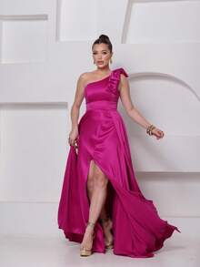 Long Dress For Bridesmaid – One Shoulder With Ruffle And Slit Elegant Simple Elegant Party Satin Side Opening Zipper Pleated Bridesmaid Civil Wedding Debutante Graduate Formal And Evening - 玫瑰紅 - 查看 4