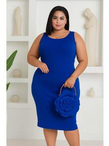 Plus Size Midi Dress With Waist And Modern Casual Shapewear - Royal Blue - View 1