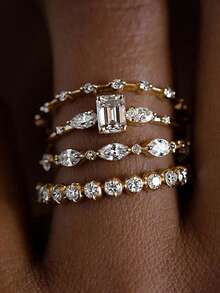 Elegant Rhinestone Ring Gift Set, Luxury Shiny Cubic Zirconia Fashion Jewelry For Women, Copper Material Non-Fading And Hypoallergenic, Ideal Holiday Gift - Gold - View 2