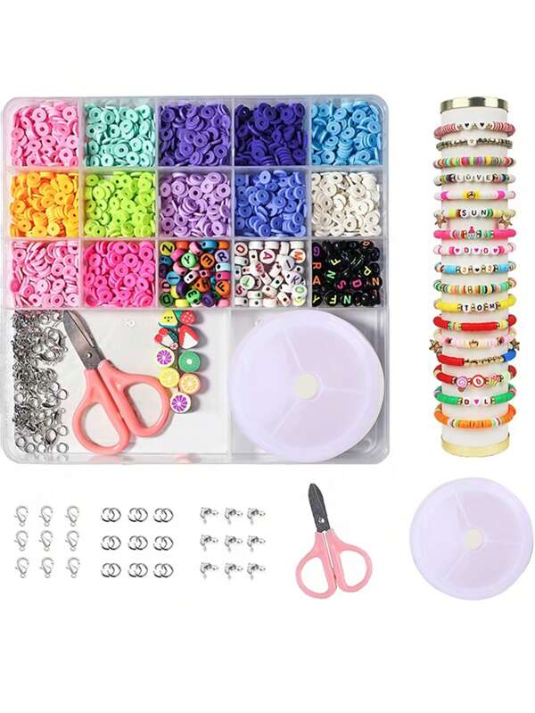 Accesorios de cuentas de arcilla polimérica DIY, set de piezas de arcilla polimérica con lentejuelas con letras, espaciadores con lentejuelas sueltas, adecuado para hacer joyas, uso diario, regalo para mamá, familia, maestros, amigos