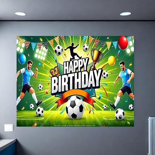 Pancarta de cumpleaños con tema de fútbol 2D vívido - Respaldo de poliéster en múltiples tamaños, con jugadores de fútbol, trofeo y decoraciones de fiesta, adecuado para fiestas, celebraciones y sesiones de fotos, sin necesidad de electricidad, decoración de cumpleaños de fútbol