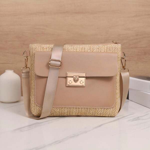 2025 New Fashion Casual Woven Square Bag, Summer New Patchwork Lock Closure Women Shoulder & Crossbody Bag