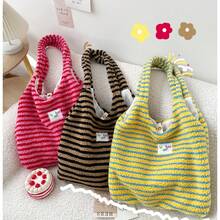 Women Shoulder Bags - 毛絨條紋單肩包-紅色 - 查看 2