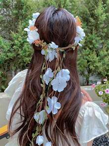 1pc Women Elegant White Vine Floral Crown, High Crown Pressure Headband, Braided Hair Accessory, Suitable For Wedding, Bride, Beach Vacation, Daily Outfit Ornament, Boho Style Decorative Hair Hoop, Hair Accessories ,Hairband For Women