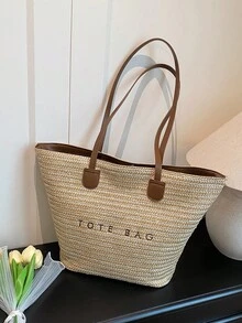 Large Capacity Casual Vacation Straw Tote Bag, Minimalist Elegant Women Shoulder Handbag, Hottest Beach Bags For Women, Fashion Summer Vacation Bag, Beach Essentials Women Bags For Vacation & Holiday - Coffee Brown - View 1