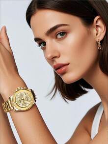 BIDEN 1 件女士手表，计时码表，防水，日历显示，不锈钢表带，时尚优雅石英女士手表 + 赠送钢带切割工具 + 赠送表盒 - 金色 - 查看 4